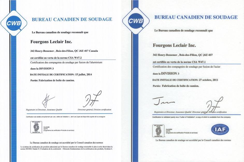 Fourgons Leclair - certification
